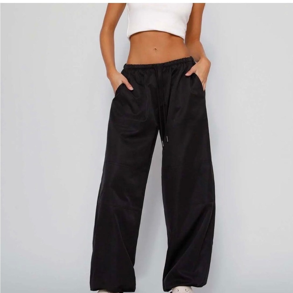 Tiger Mist Women's Black Wide Leg High Rise Drawstring Casual Pants Medium